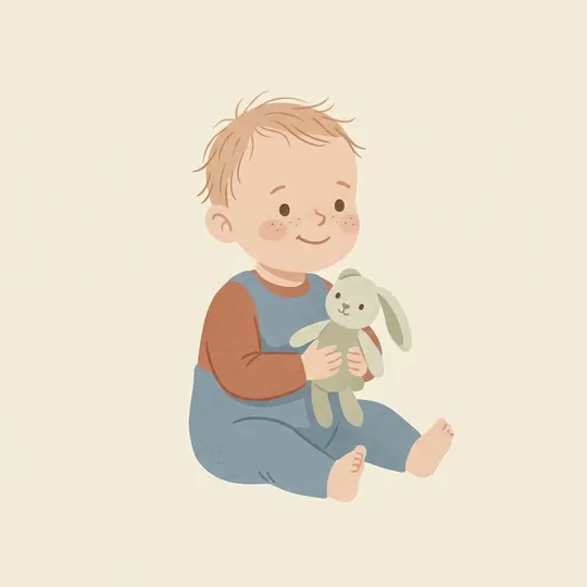 Illustration of a smiling baby holding a toy bunny