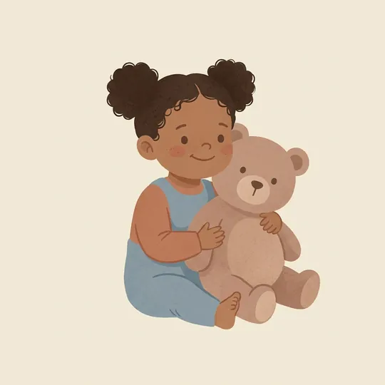Illustration of a small girl hugging a green teddy bear