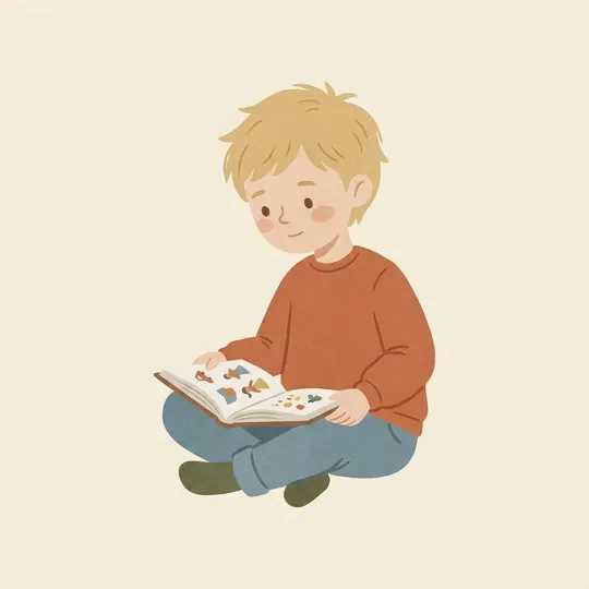 Illustration of a boy sitting cross-legged, reading a picture book