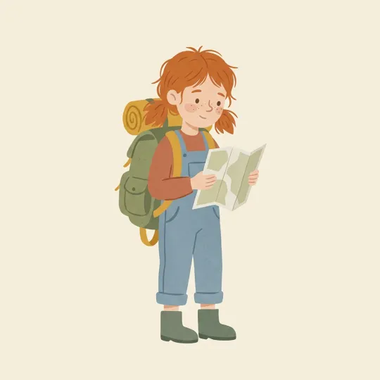 Illustration of a girl with a backpack reading a map