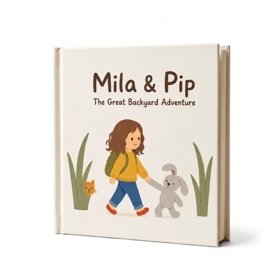 The printed hardcover of “Mila & Pip: The Great Backyard Adventure”, with Mila drawn on the cover
