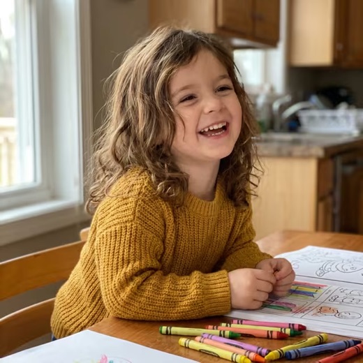 Photo of Mila, 4, laughing at the kitchen table with her crayons