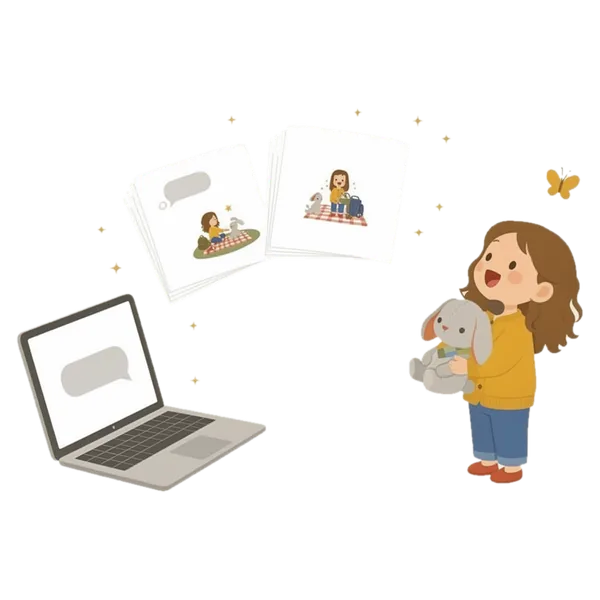 Picture book pages float out of a laptop, and Mila, holding her bunny Pip, watches in delight