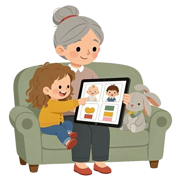 Mila sits on her grandmother's lap on the sofa and points at a picture card on a tablet